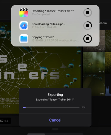 Notification de taches en arrière-plan montrant l’exportation en cours d’une vidéo, le téléchargement d’un fichier et le déplacement de Notes vers Sauvegarde