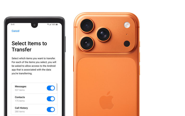 Android Display mit App ?Auf iOS übertragen? neben einem iPhone 17 Pro, Rückansicht, Pro Fusion Kamera-System, 3 Objektive, Mikrofon, Blitz