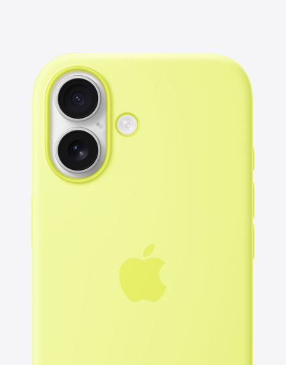 iPhone 17 vist bagfra med gult silikone-etui, Fusion-dobbeltkamerasystem i ?verste venstre hj?rne og Apple-logo i midten