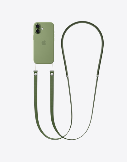 iPhone 17 vist bagfra med gr?nt etui, fastgjort til gr?n crossbody-rem