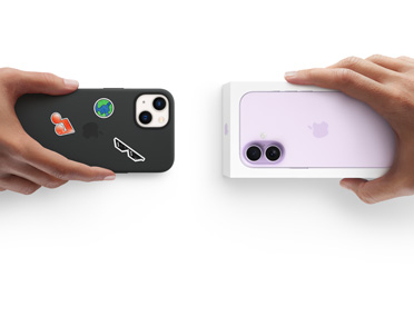 En h?nd holder en ?ldre iPhone 13 med silikone-etui med klisterm?rker p? bagsiden, der byttes med en iPhone-?ske med ny iPhone 17