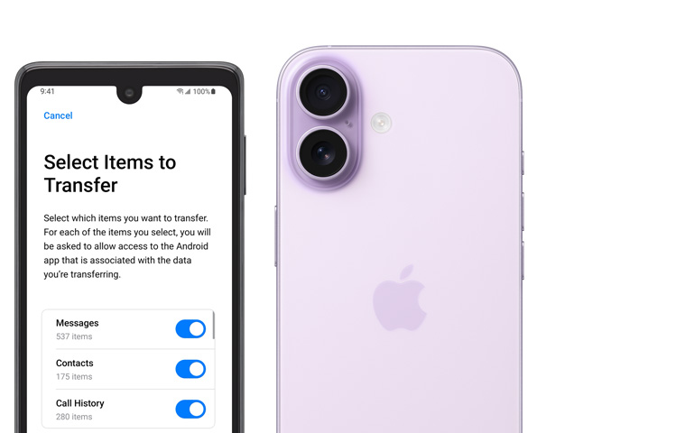 Android Display mit App ?Auf iOS übertragen? neben einem iPhone 17, Rückansicht, fortschrittliches Zwei-Kamera-System oben links