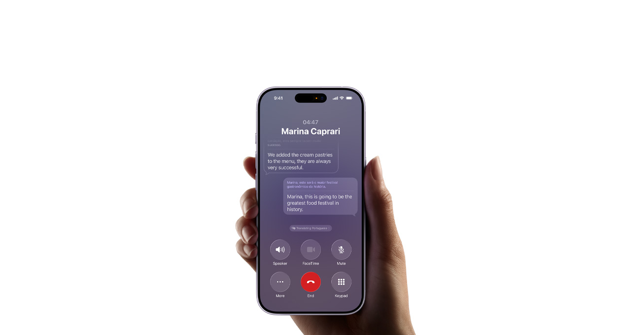 K?si hoiab iPhone 17 mudelit, millel n?idatakse Apple Intelligence'i reaalajas t?lkimise funktsiooni