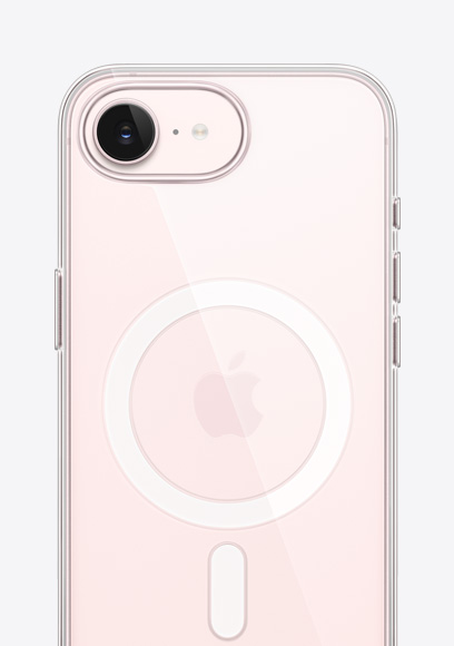 淺粉紅色 iPhone 17e 機(jī)身背面，展示 MagSafe 透明護(hù)殼，融合相機(jī)位於頂部，Apple 標(biāo)誌在中央