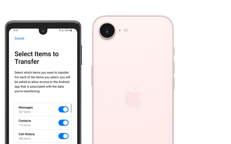 裝置並排擺放，Android 螢?zāi)徽故尽皋D(zhuǎn)移至 iOS」app；淺粉紅色 iPhone 17e 機(jī)身背面，展示融合相機(jī)