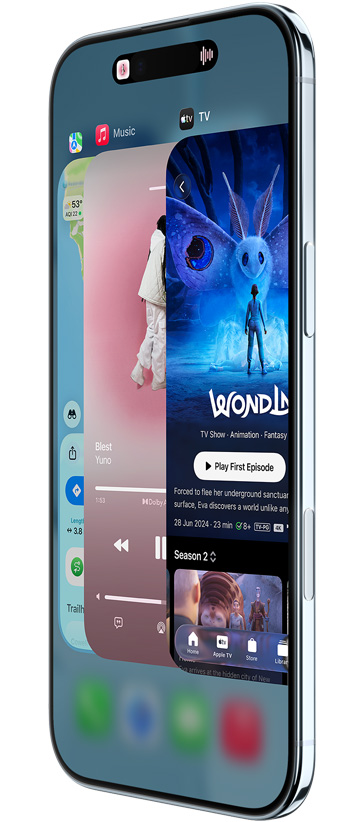 iPhone Air, esikülg, külgvaade, Maps, Music ja Apple TV rakendused, n?idates kasutuselolevat App Switcher funktsiooni