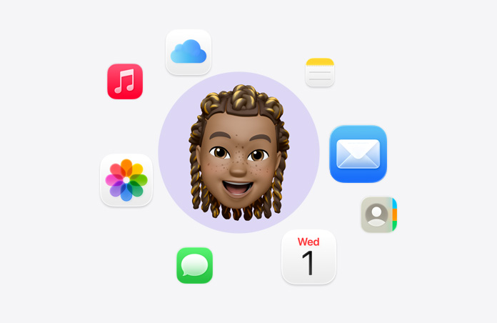 Emoji de visage souriant entouré de différentes ic?nes d’apps : Musique, iCloud Drive, Notes, Mail, Contacts, Calendrier, Messages et Photos