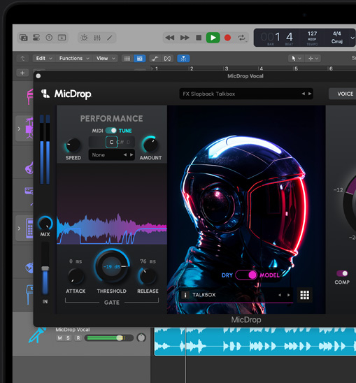 Bildschirminhalt auf einem MacBook Pro, der das MicDrop Plug?in zeigt, das KI Features nutzt, um eine Gesangsaufnahme in Logic Pro zu bearbeiten