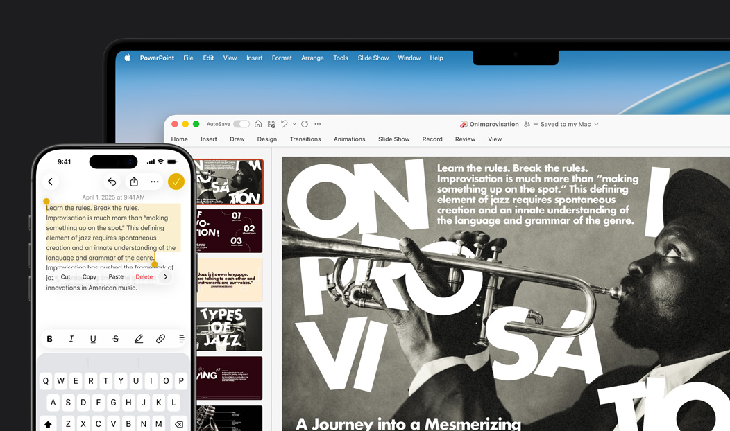 Ein iPhone 16 Plus mit hervorgehobenem Text in der Notizen App, ein MacBook Pro mit einer ge?ffneten Microsoft PowerPoint Folie, Text aus der Notizen App ist auf der Folie sichtbar