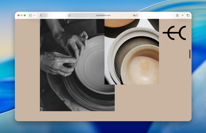 Halaman web tentang tembikar keramik di Safari yang didesain ulang, sementara bar alat yang diperbarui membiaskan warna halaman dengan halus