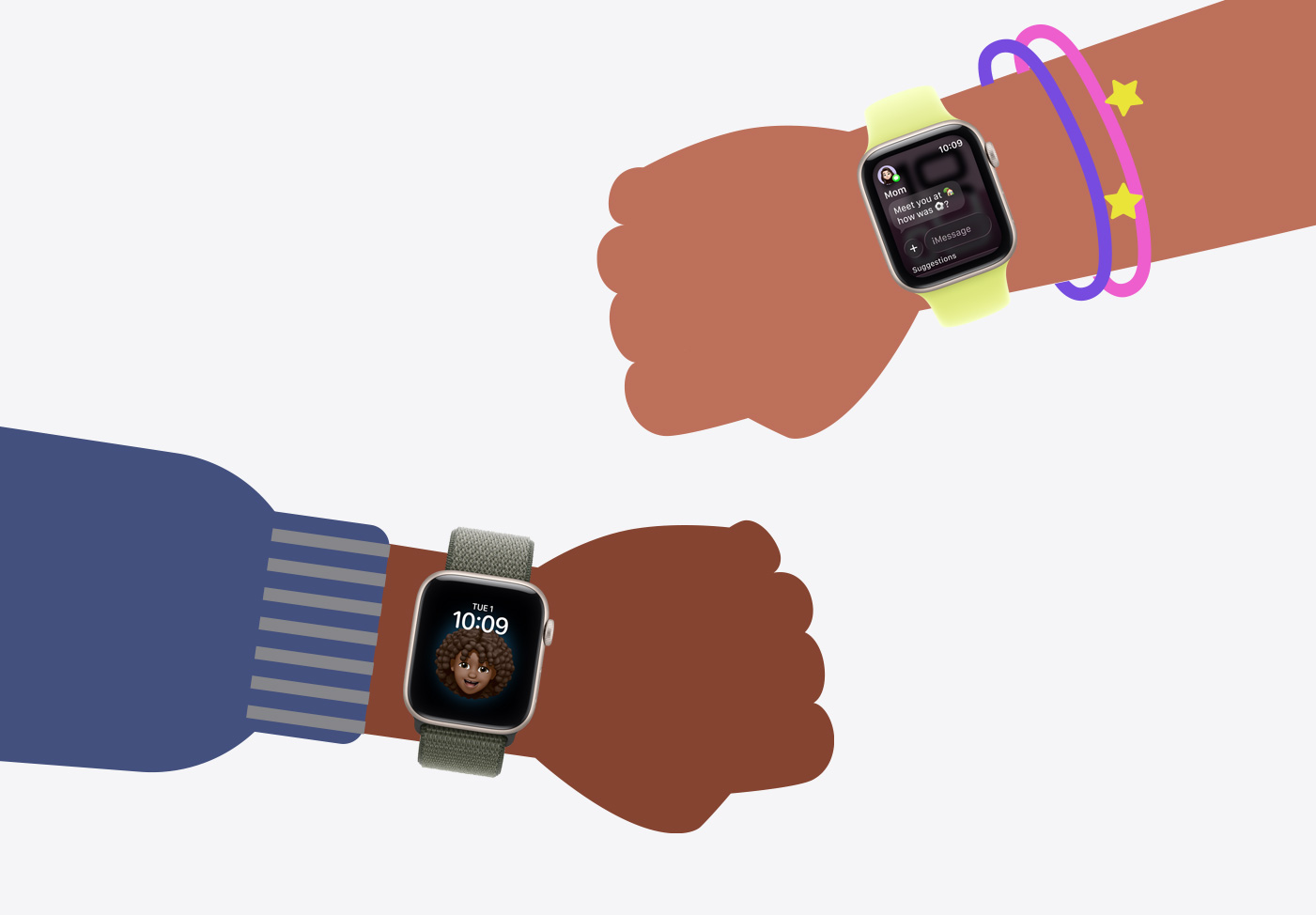 Apple Watch 親子設(shè)定，展示小朋友腕上戴著 Apple Watch SE 3 的卡通插圖