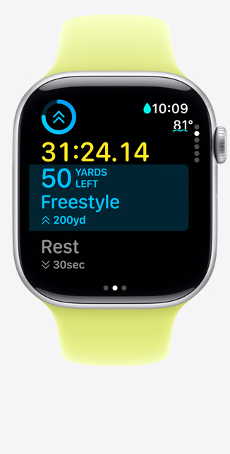 Apple Watch Series 11, bo?tier en aluminium, argent, écran Exercice personnalisé avec suivi de Nage en piscine, données sur l’écran, Bracelet Sport, jaune fluo