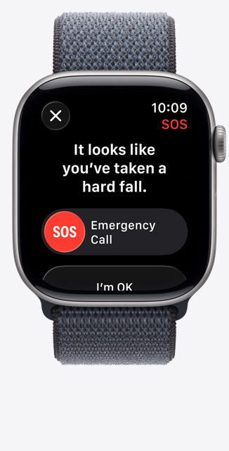 Apple Watch Series 11, bo?tier en aluminium, finition gris sidéral, notification de mauvaise chute, option d’appel d’urgence, Boucle Sport, couleur bleu maritime