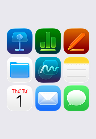 Các bi?u t??ng ?ng d?ng Apple, ???c s?p x?p trong l??i 3x3, bao g?m: Keynote, Numbers, Pages, T?p, Ghi Chú và L?ch.