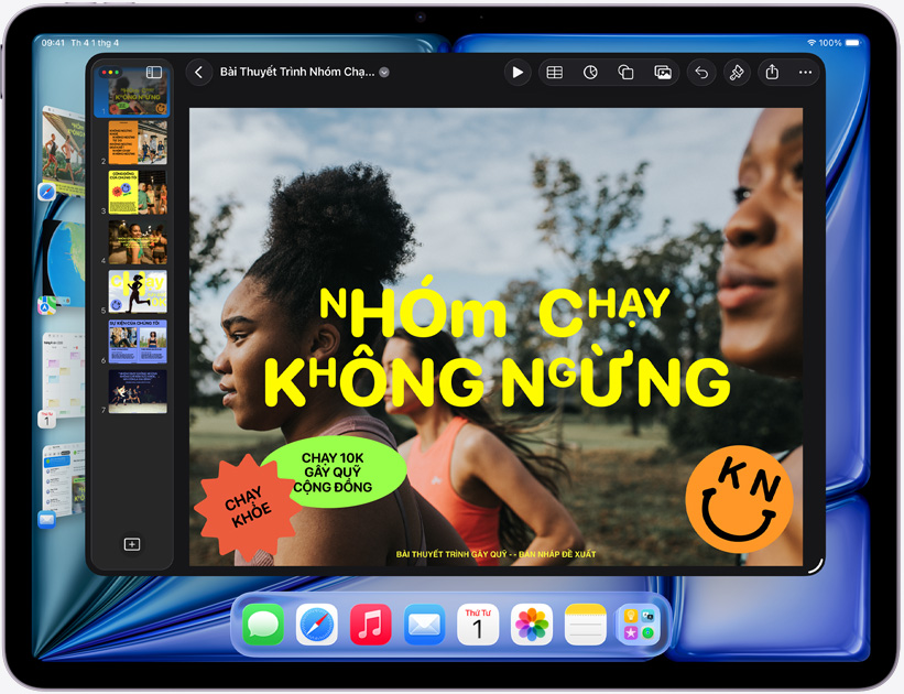 iPad Air n?m ngang, màn hình hi?n th? bài thuy?t trình Keynote
